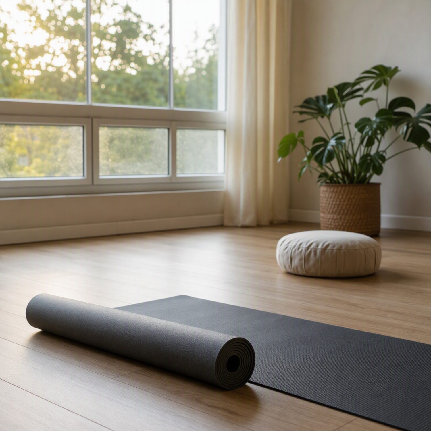 A calm yoga studio with a mat and cushion by a window