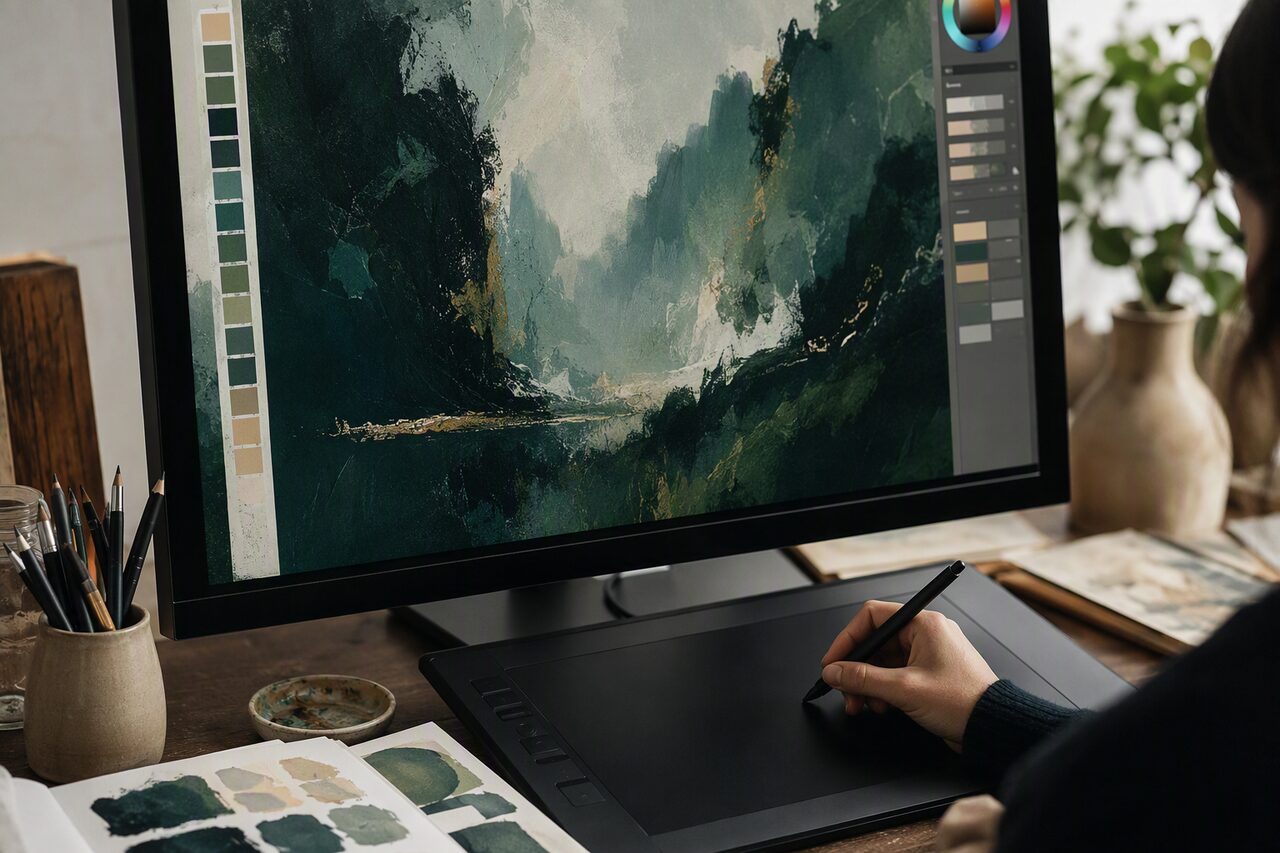 A painterly book cover taking shape on a designer's screen
