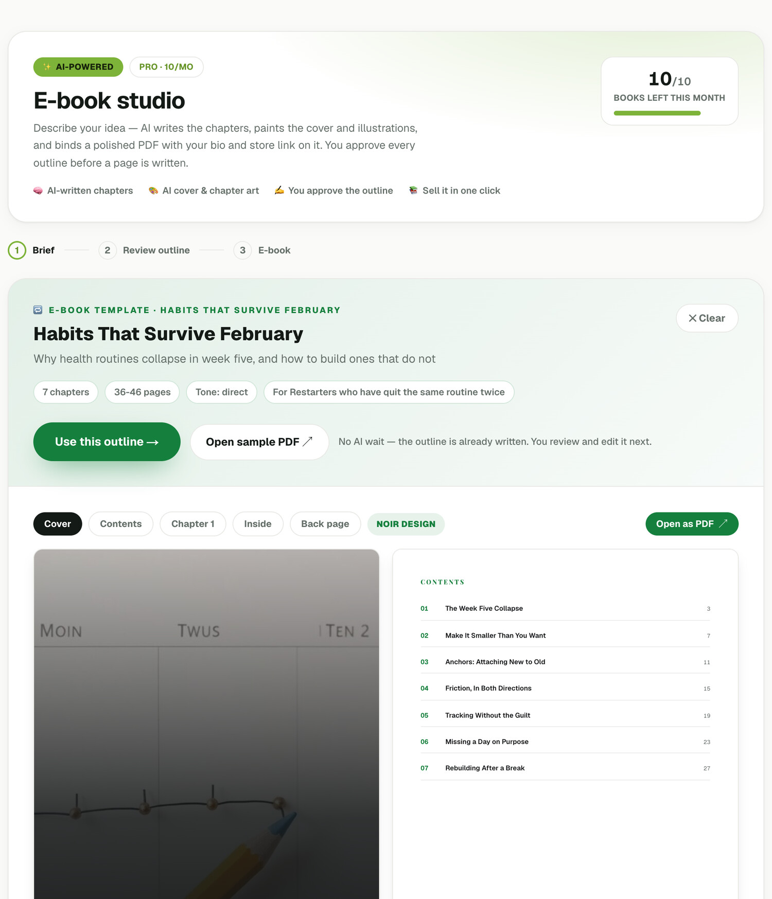 A selected template in the e-book studio with its outline and live preview