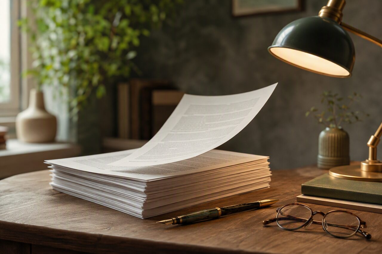 A manuscript coming together on a warm desk