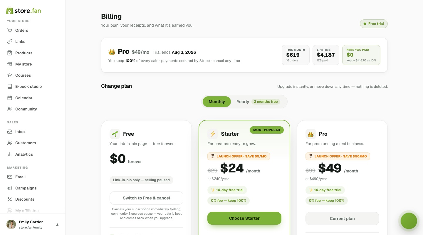 The billing page with the current plan, a monthly-yearly toggle and all three plan cards