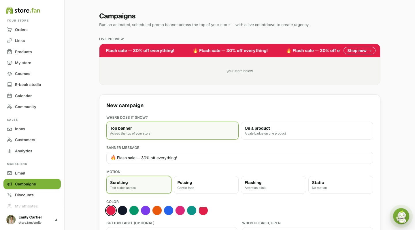 The campaign composer with a live banner preview, placement, motion and colours