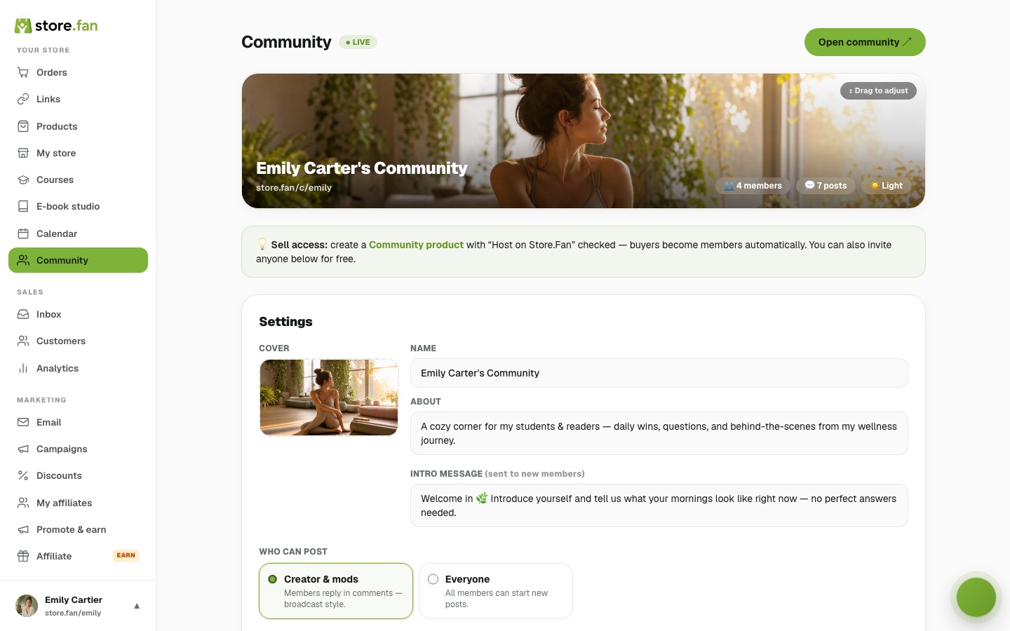 Le gestionnaire de communauté avec couverture, réglages et permissions de publication