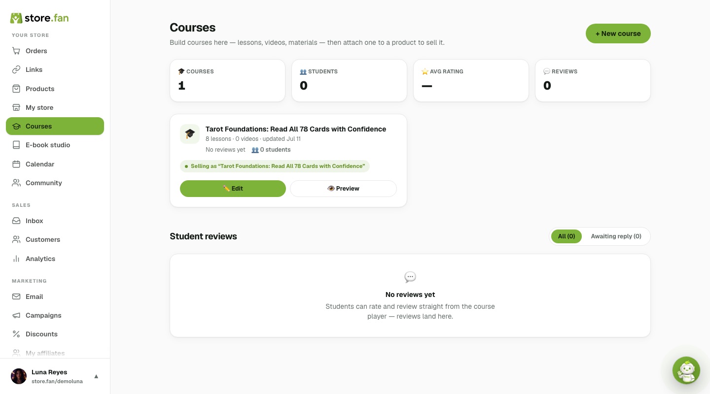 The course builder with lessons, selling status and student reviews
