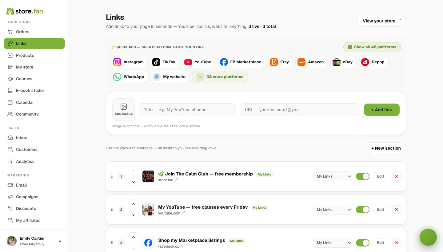 The dashboard — real Store.Fan screenshot