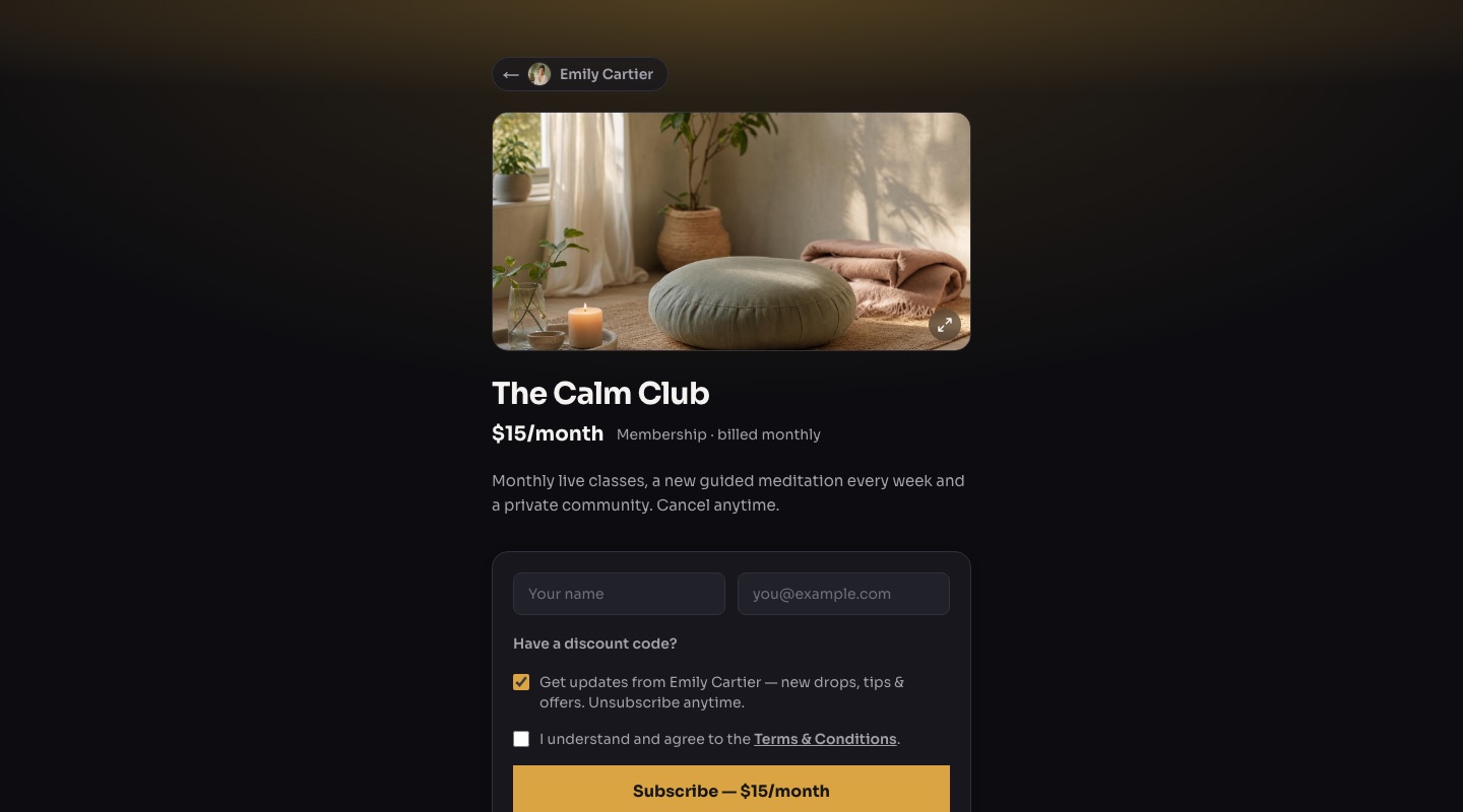 A membership product page with a monthly price and subscribe button
