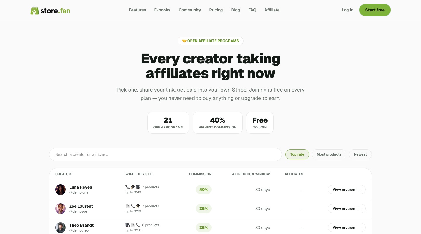 store.fan/partners — every open program, with the real rates.