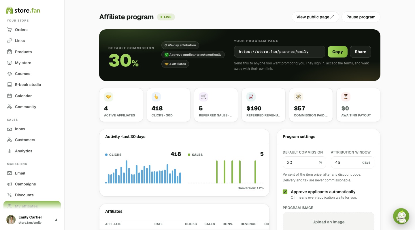 The My affiliates dashboard with a live program, stats, activity chart and settings