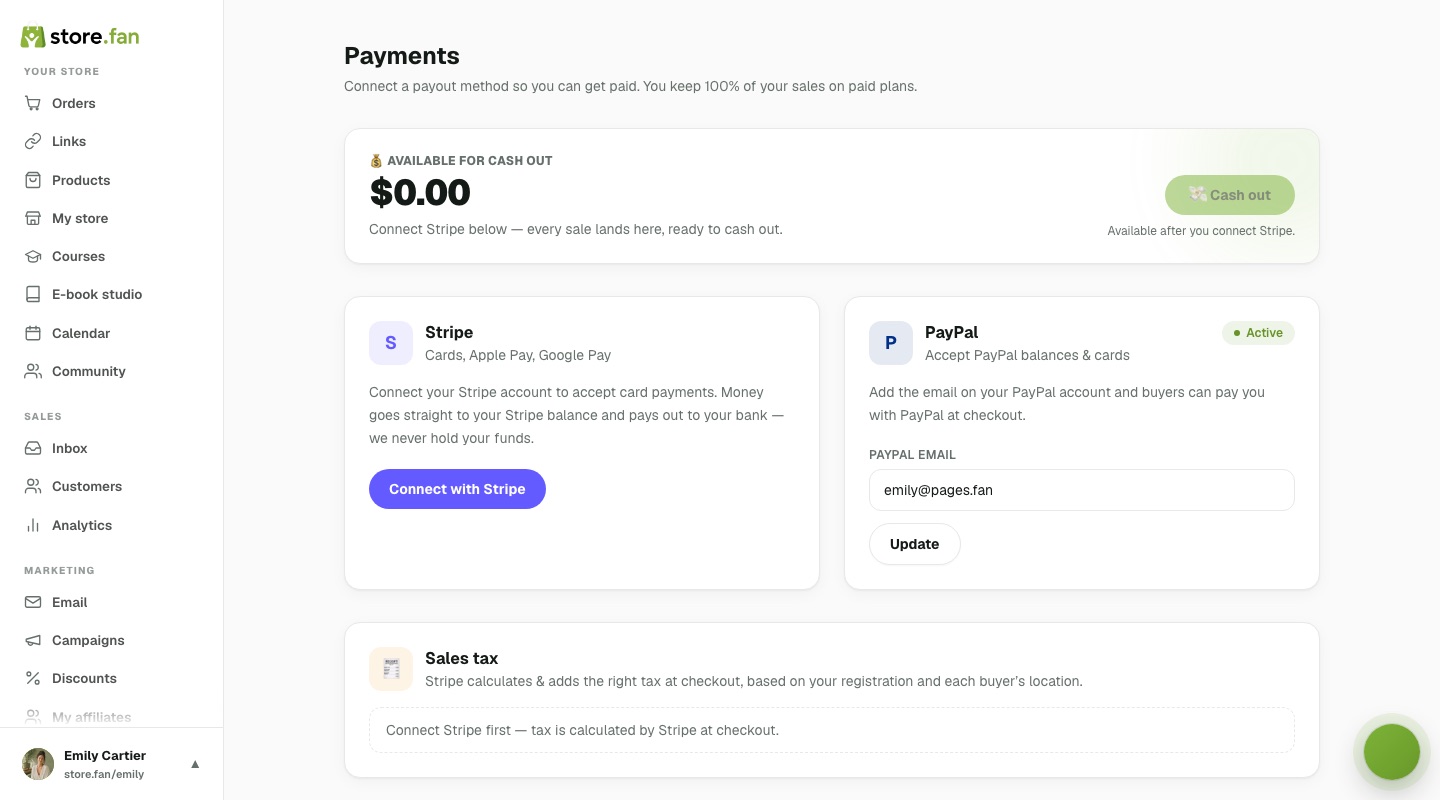 Payments & payouts — real Store.Fan screenshot