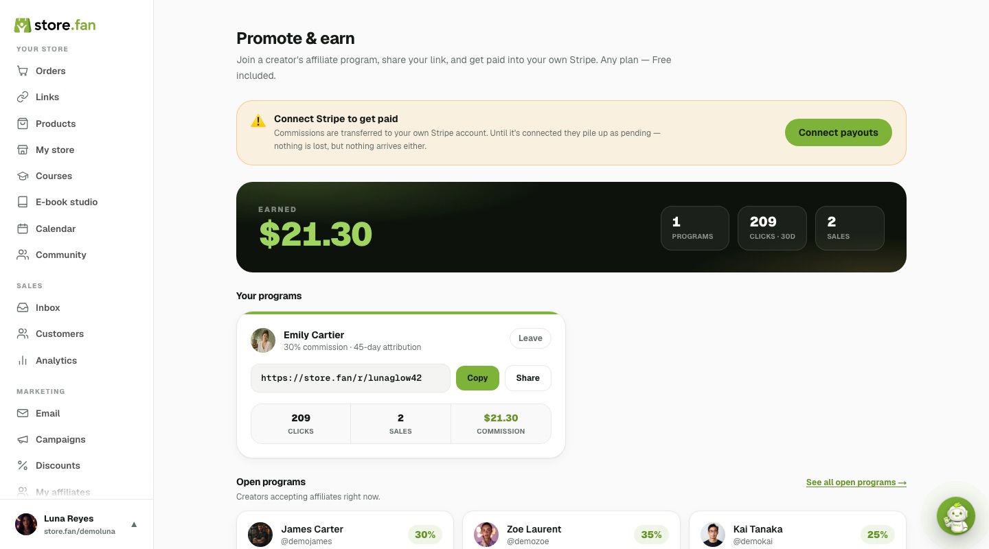 The Promote & earn dashboard with earnings, a program link and the open-programs directory