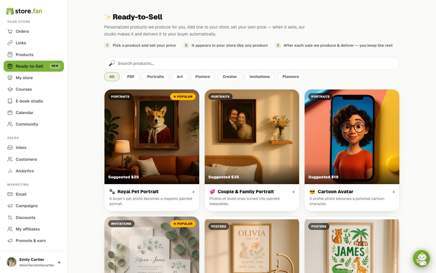 Le catalogue Prêt à vendre dans le tableau de bord, avec recherche, filtres par catégorie et cartes produit