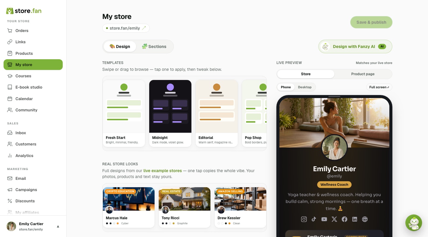The store designer with templates, real store looks and a live phone preview