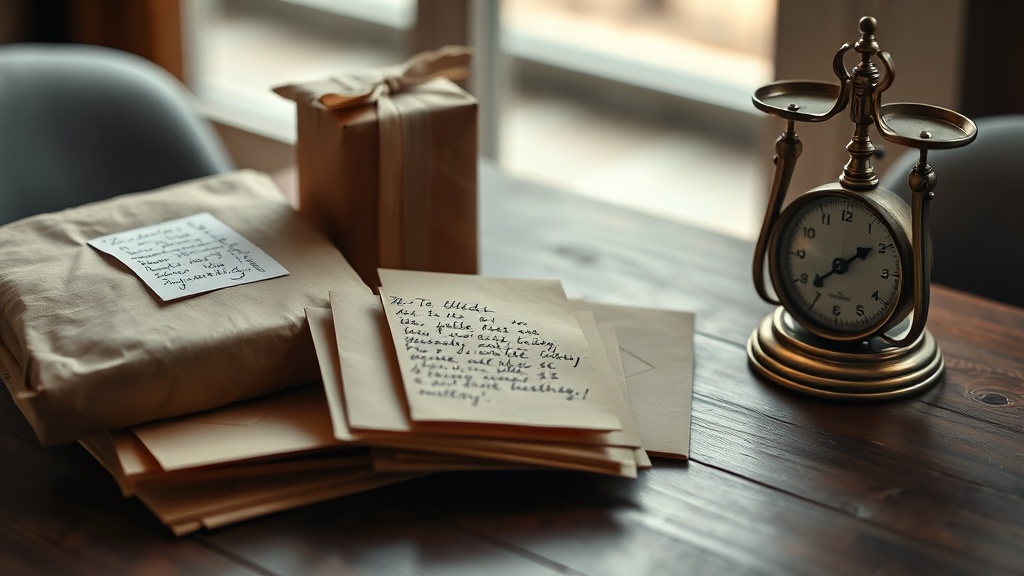 Parcels and cards beside balance scales