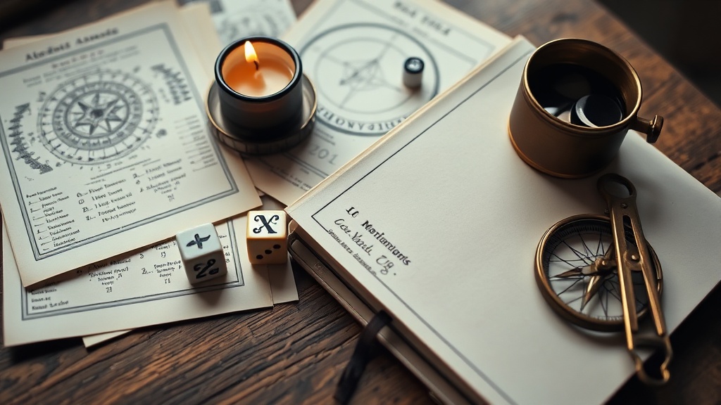 Astrology papers, dice, journal and candle