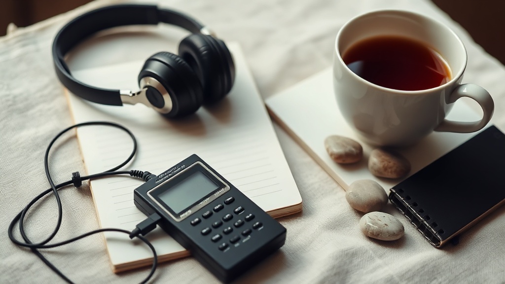 Headphones and audio recorder beside notebook and tea