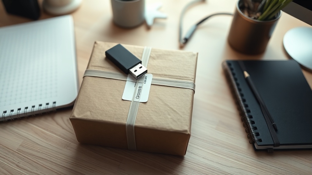 Parcel and USB drive on a tidy desk