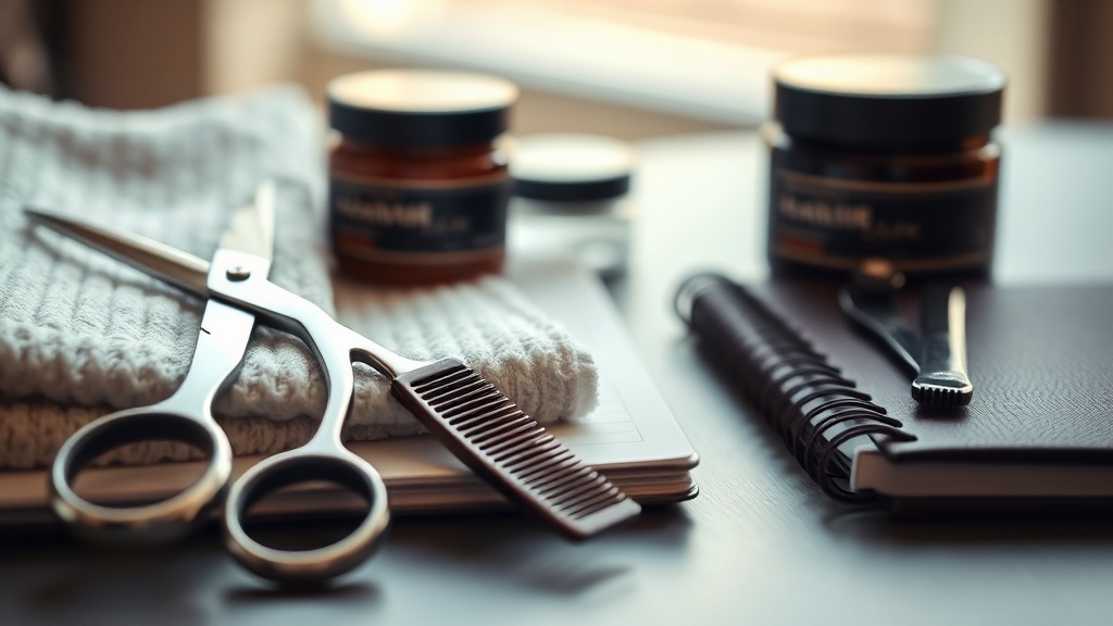 Barber tools beside grooming products and appointment notebook