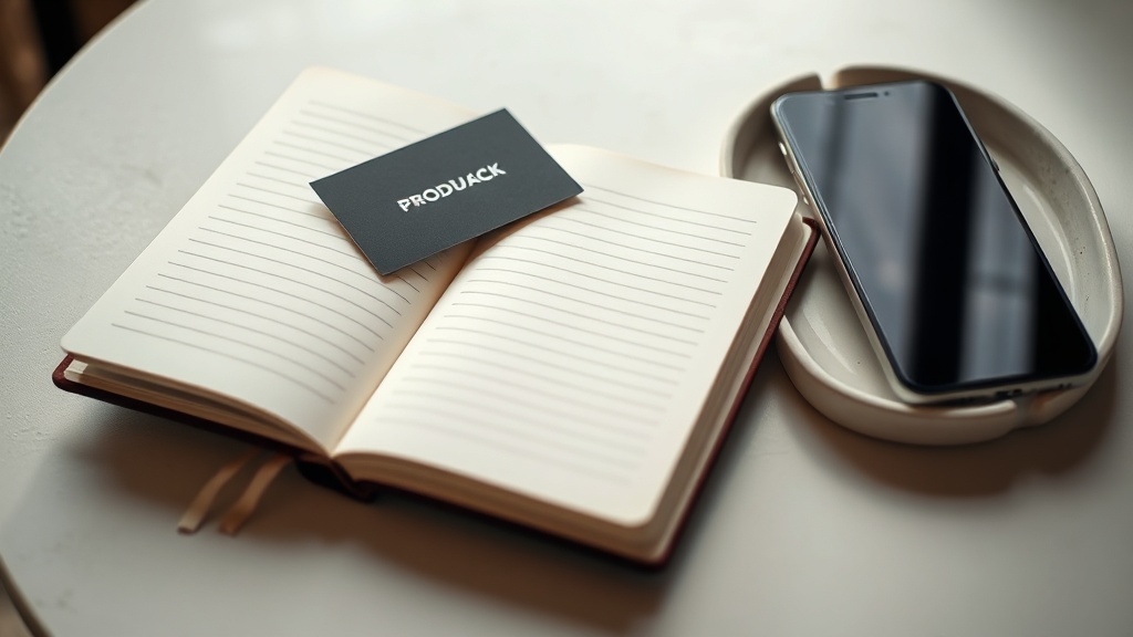 Notebook and product cards beside a phone