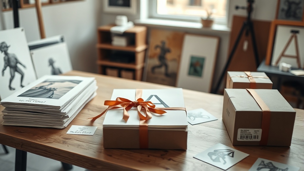 Art prints and packaging arranged on a studio table