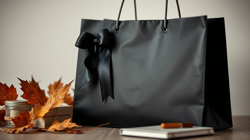 Black shopping bag beside neatly wrapped product boxes