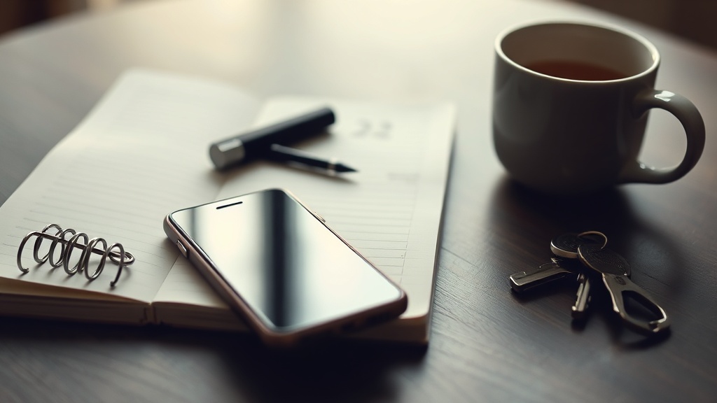 Notebook, calendar, phone, keys and cup