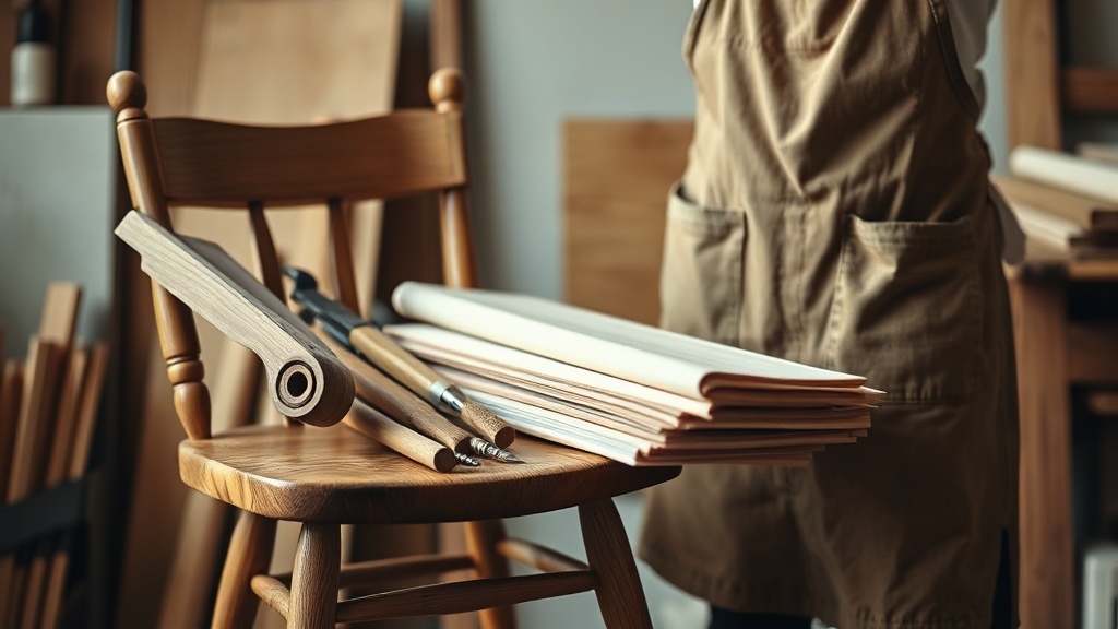 Wooden chair beside tools and timber samples