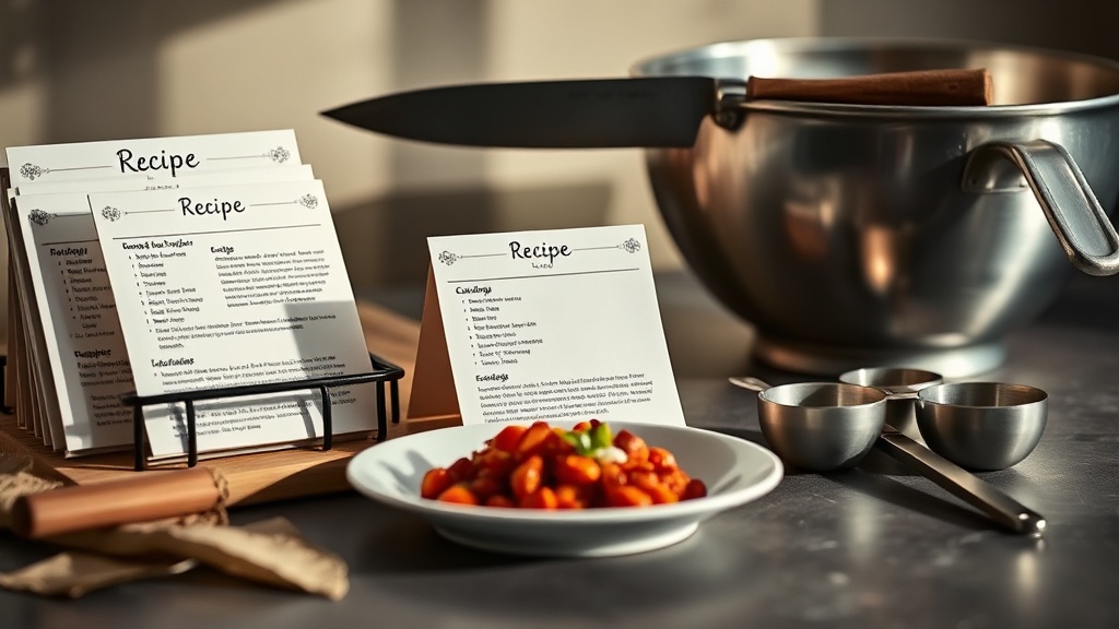 Recipe cards beside cooking tools and plated dish