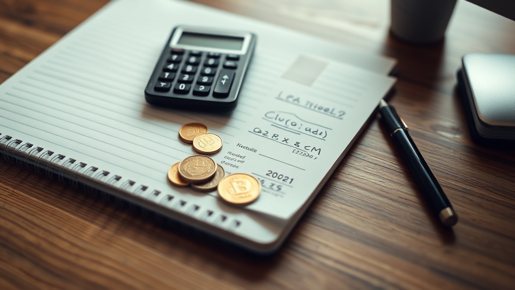 Calculator and coins beside a handwritten sales calculation