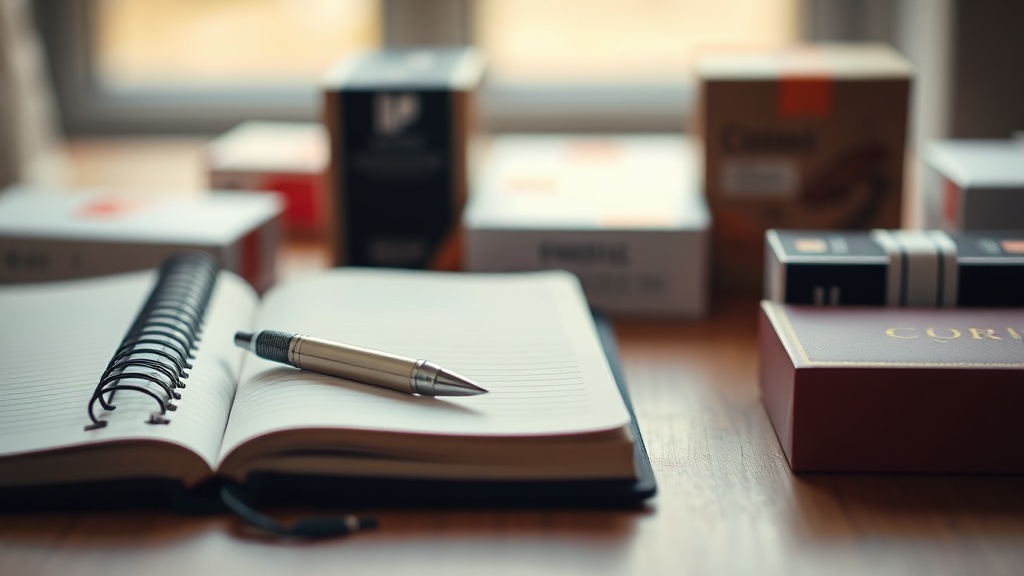 Notebook, workbook, pen and product boxes