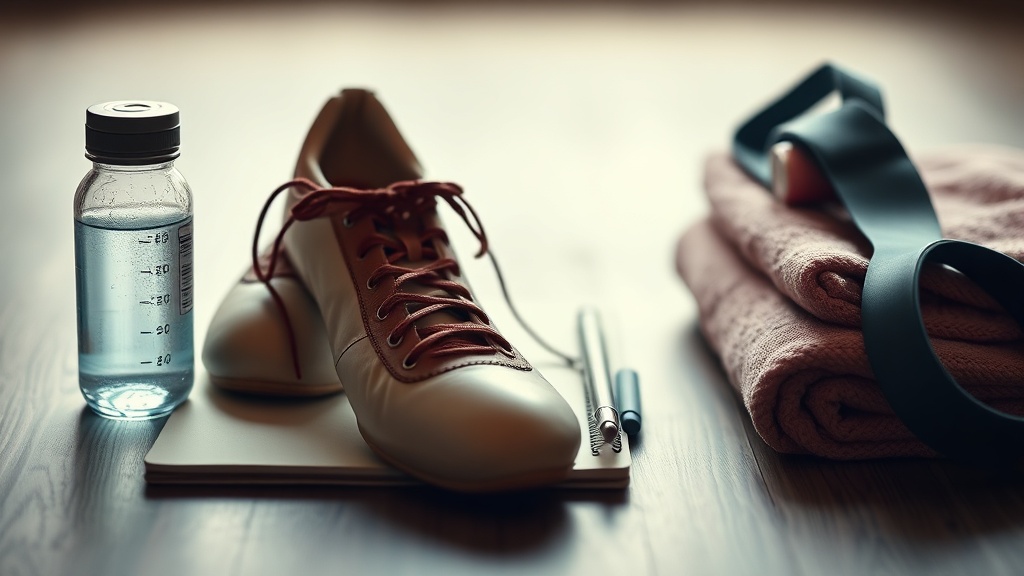 Dance shoes and training tools beside a notebook