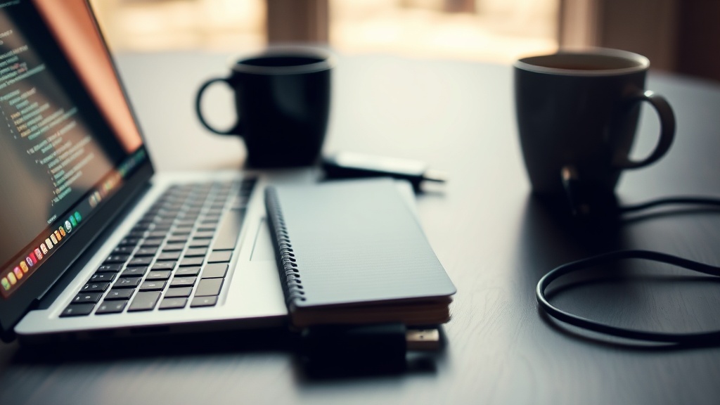 Developer desk with laptop, keyboard, notebook and USB drive