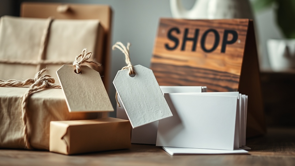Etsy seller packaging beside blank storefront materials