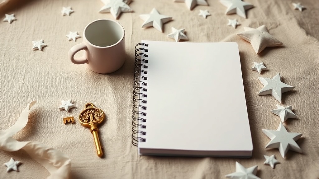 Blank notebook, key, cup and paper stars