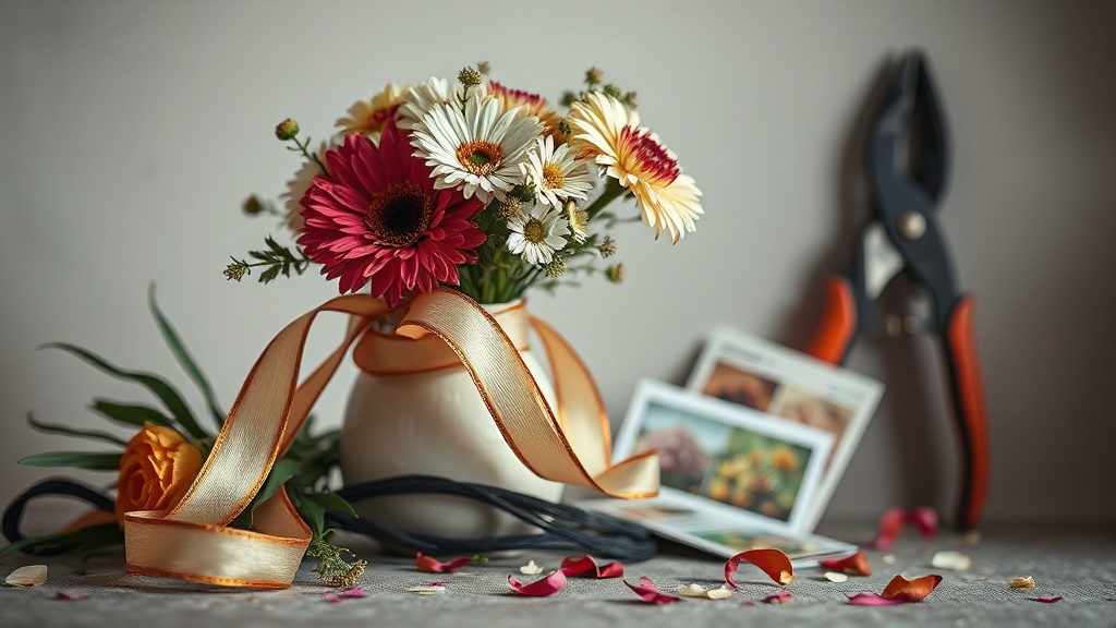 Florist tools and flowers arranged on a worktable