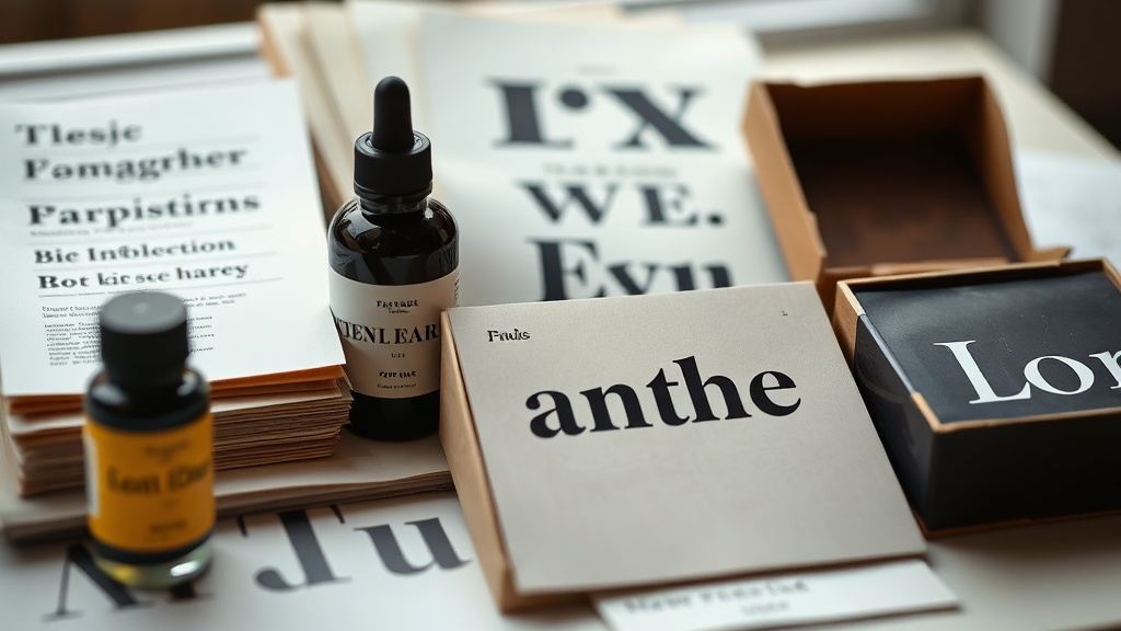 Printed type specimens beside ink and paper swatches