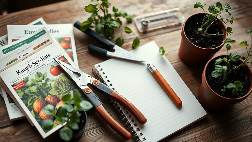 Gardening tools and planting supplies on a table