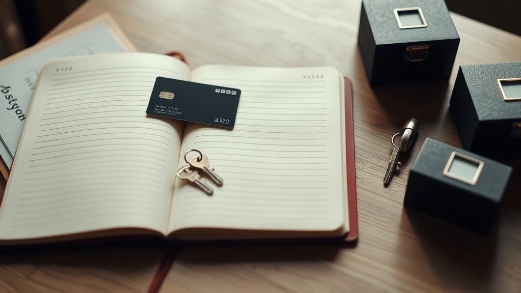 Folders, notebook, card and keys on a desk