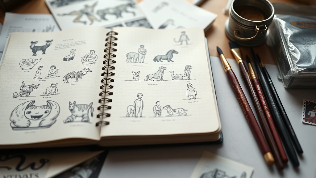 Illustration prints beside sketchbook and packaging materials
