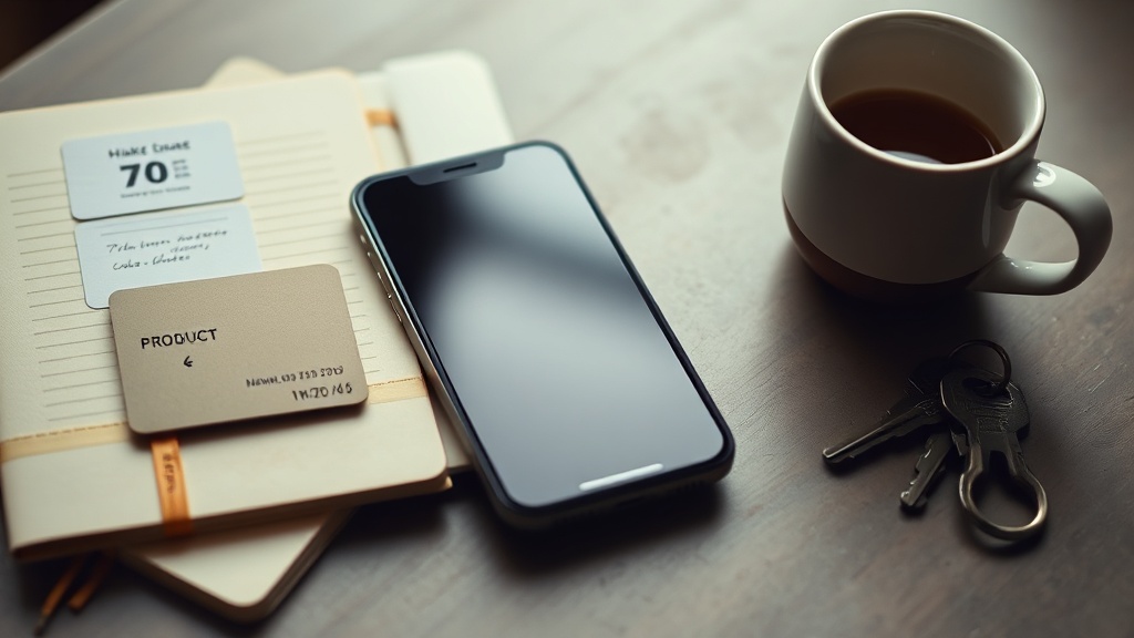 Still life of phone, notebook, product cards and parcel