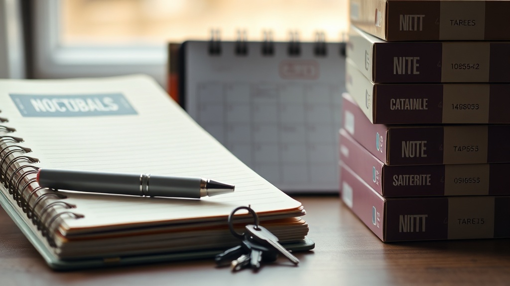 Organised desk with notebook, folders and calendar