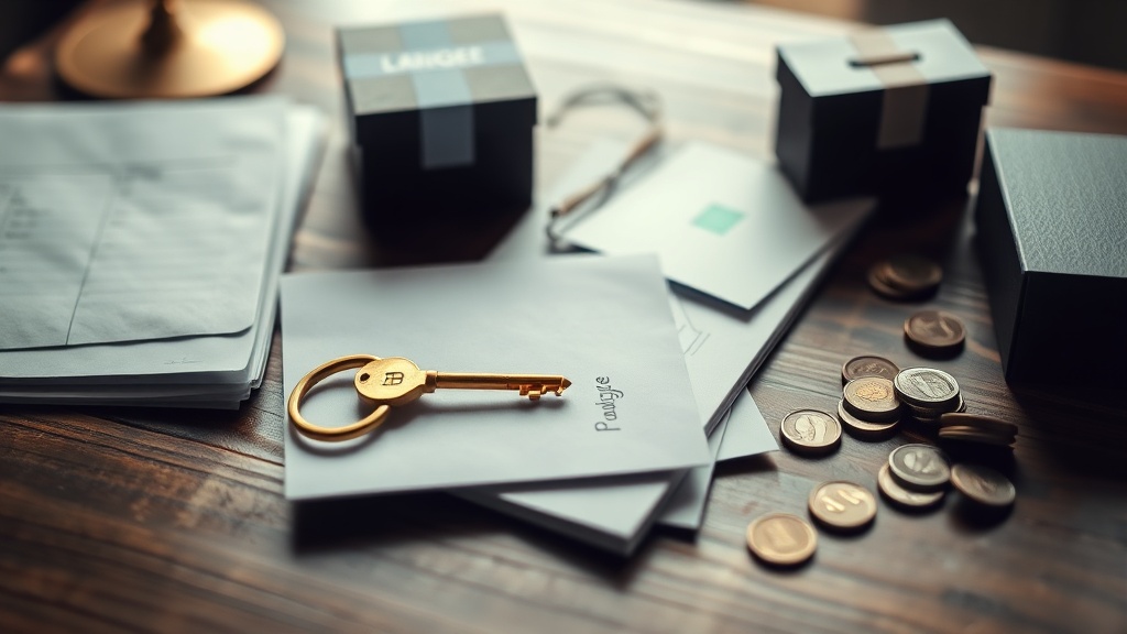 Ledger, key, envelopes, boxes and coins