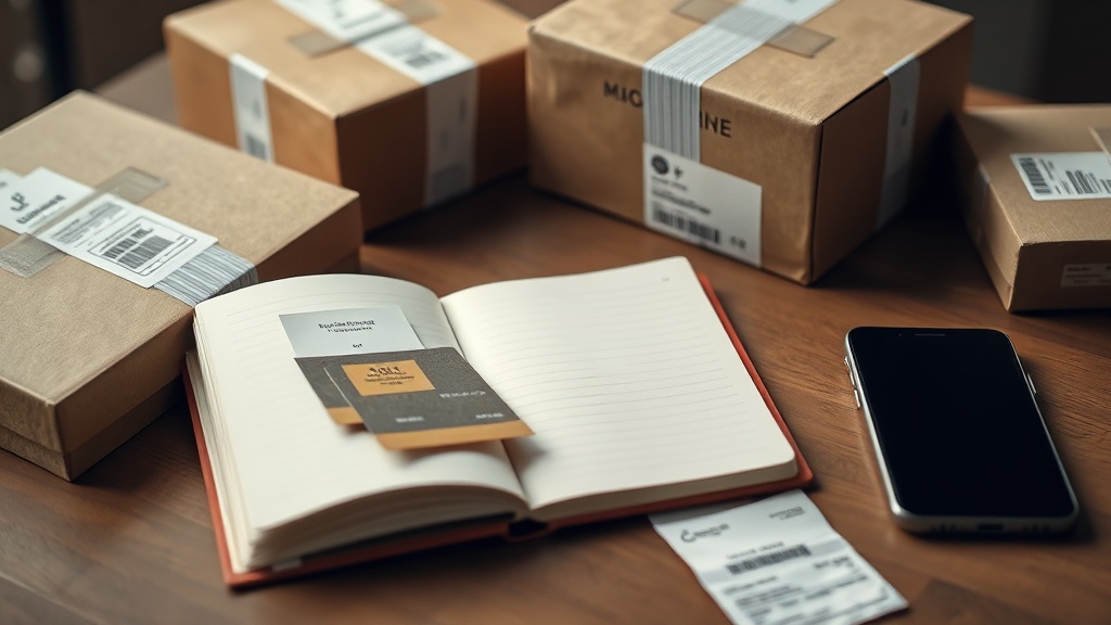 Notebook and product cards beside moving boxes