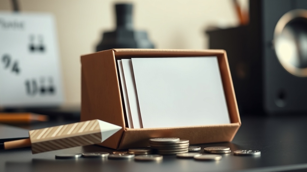 Product box, blank cards, arrow and coins