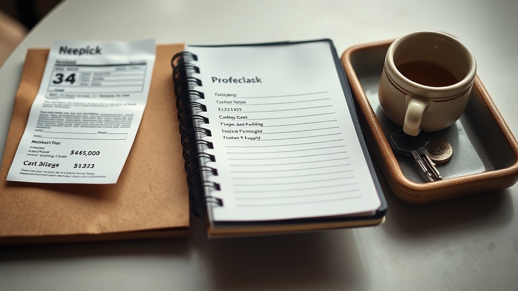 Notebook and product cards beside checkout receipt