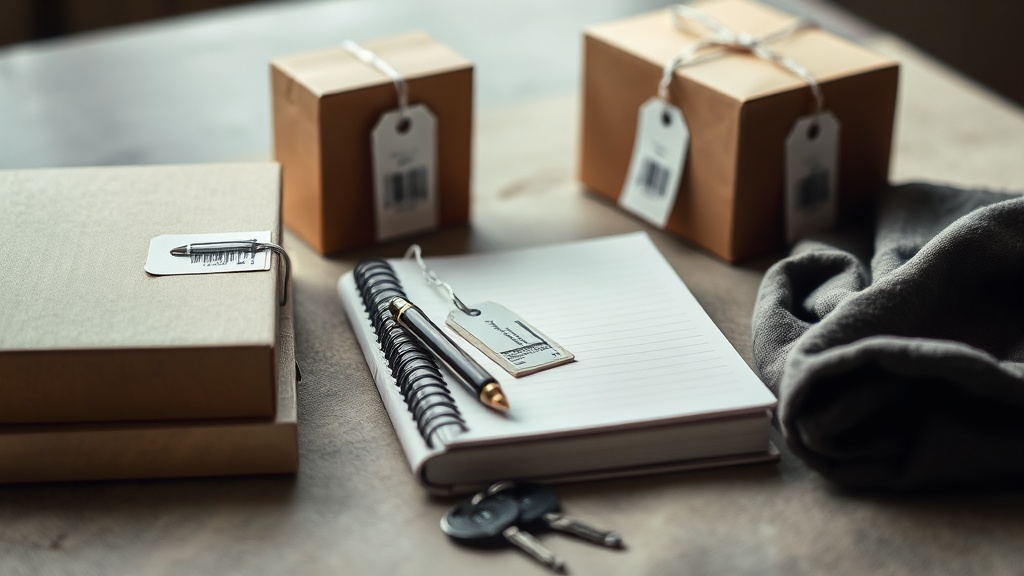 Notebook and product boxes arranged beside keys