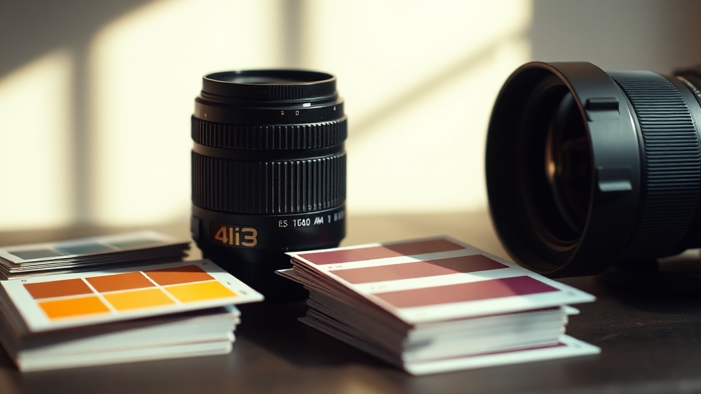 Colour grading cards beside a camera lens