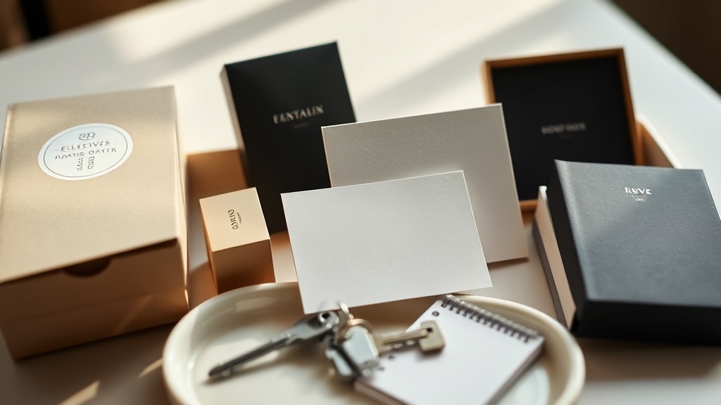 Branded packaging and keys arranged on a table