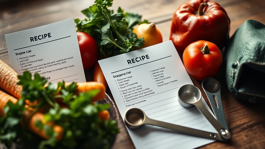 Meal planning ingredients and recipe cards on a table