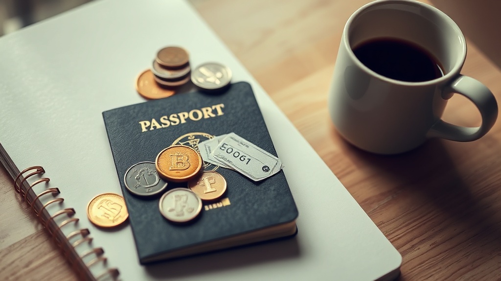 Passport and coins beside a notebook