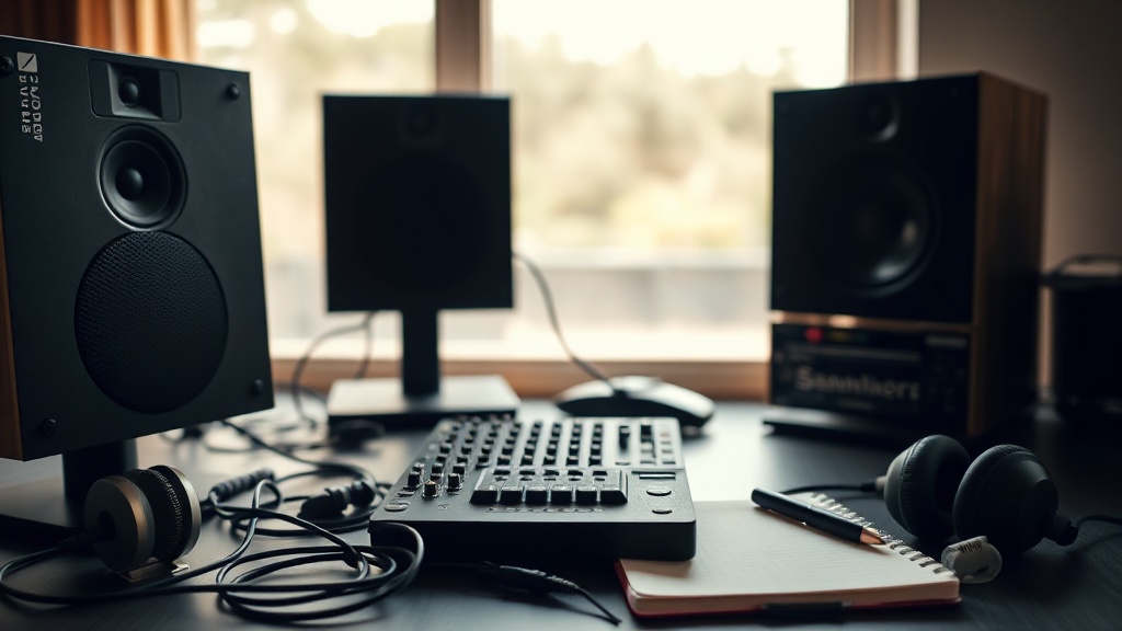 Music production tools arranged on a studio desk